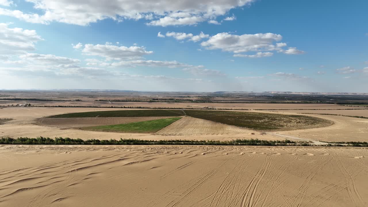 drone que viene sobre el pivote de riego creando patrones verdes en el desierto