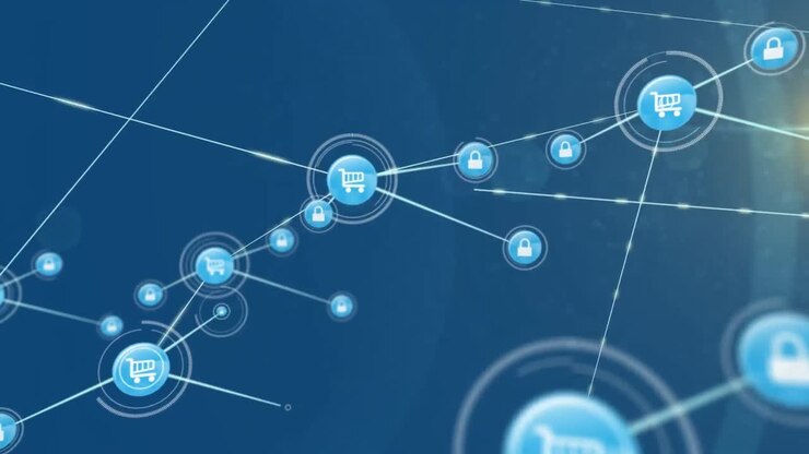 Animation of network of connections with icons over light trails on blue background