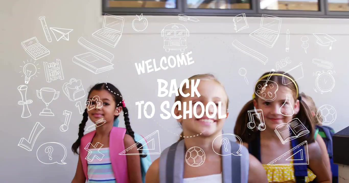 Group of Diverse Elementary Students Running Down School Hallway