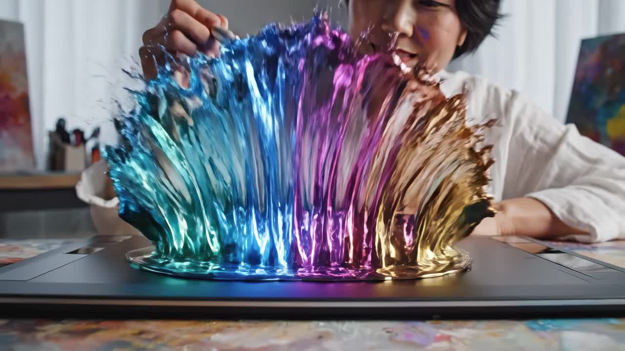 Digital Artist Creating Colorful Liquid Artwork