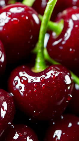 close-up of fresh red cherries with water droplets