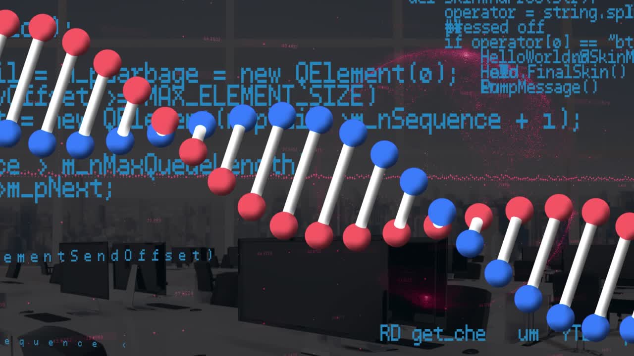 Animation of data processing and statistics on dark background