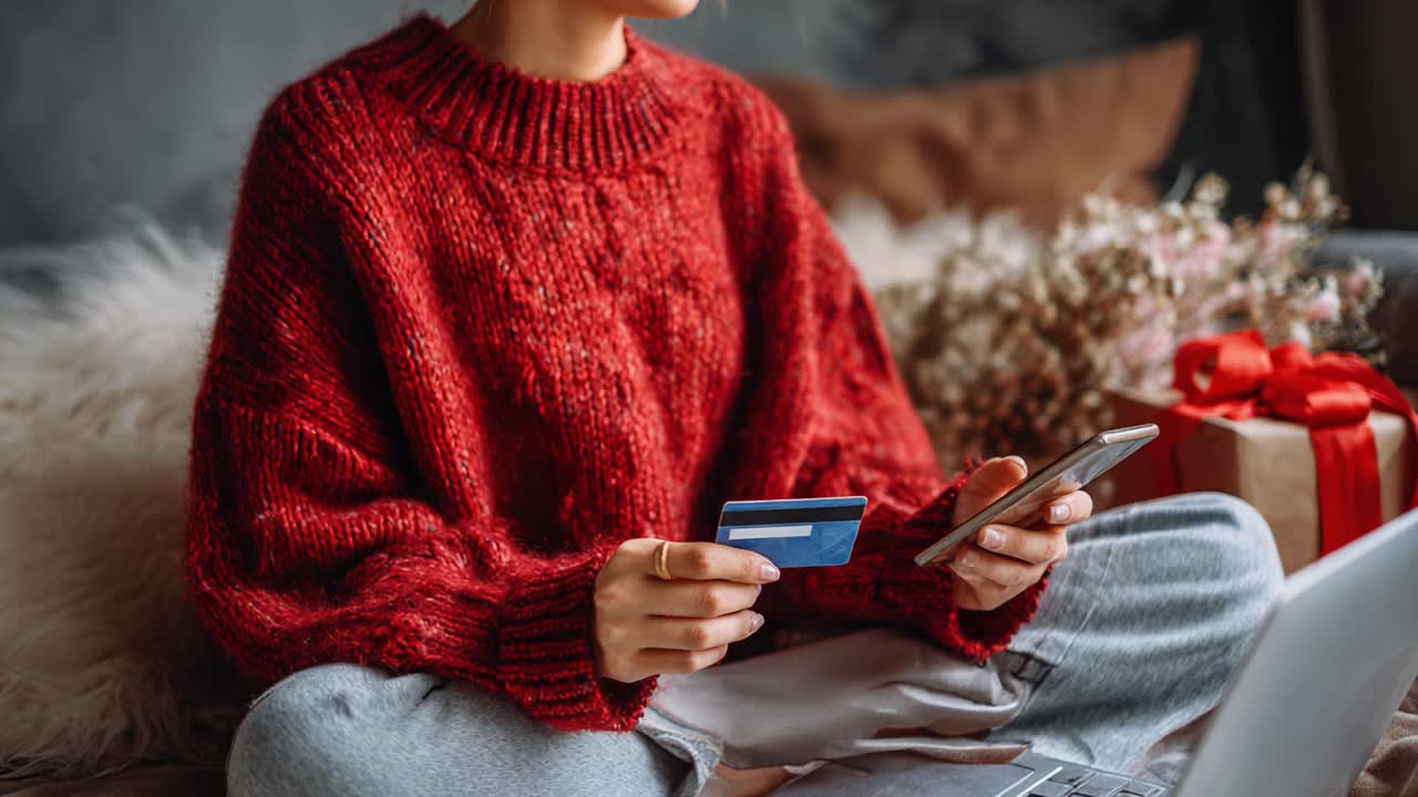 A Cozy Moment of Online Shopping: A Person in a Red Sweater Reviews Items on Their Phone with a Credit Card in Hand, Surrounded by Holiday Décor