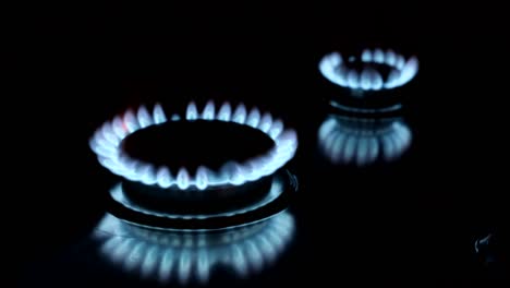 natural gas burning from a kitchen gas stove. blue flame on black background. turning on the cooktop gas cooker, close up