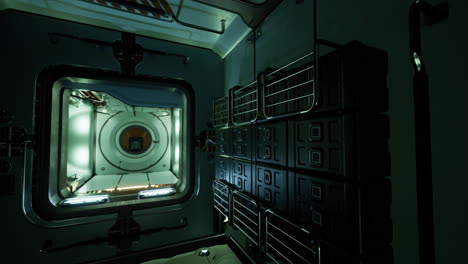 a futuristic spaceship interior with a corridor, a door, and a panel