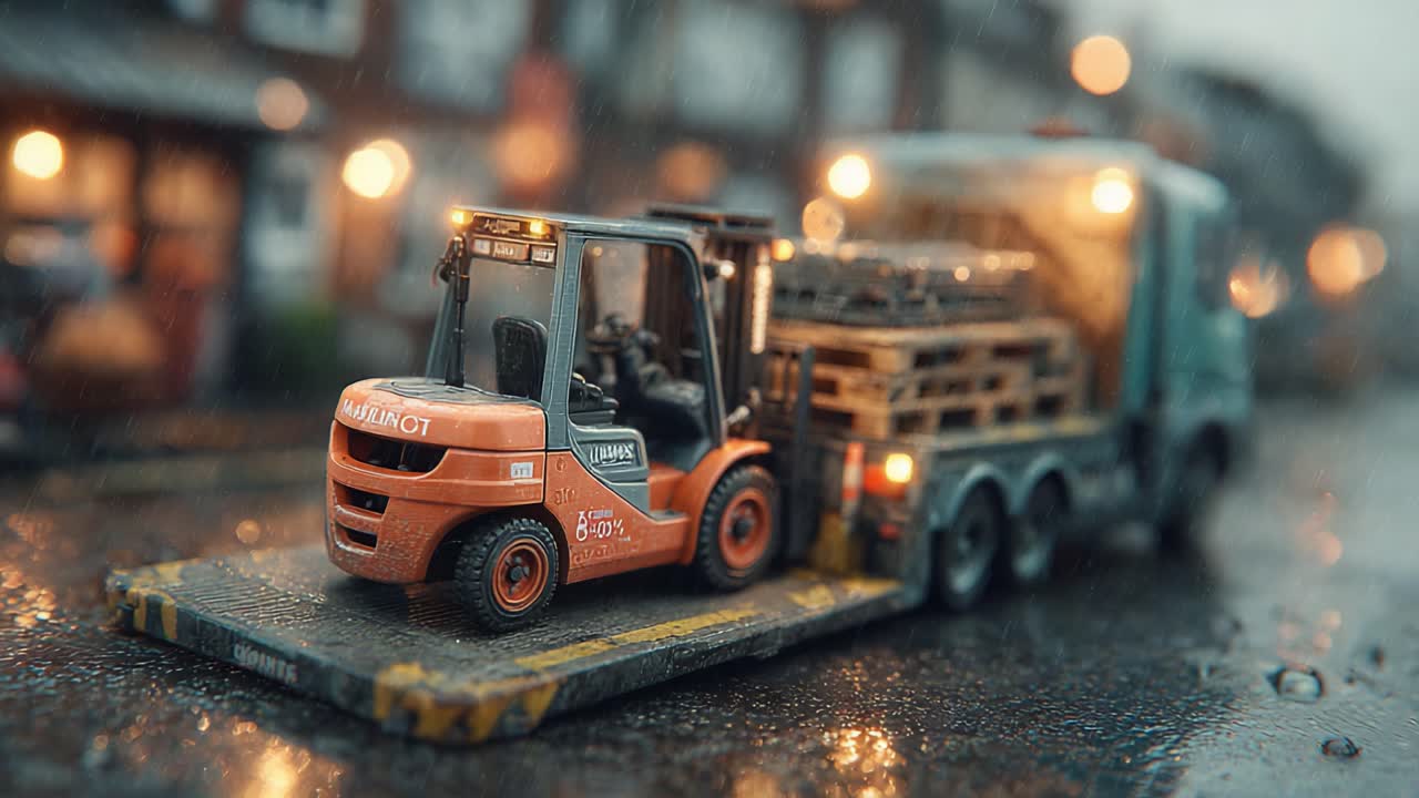 A Lively Scene of a Forklift Loading Pallets onto a Truck in a Rainy Urban Setting, Capturing the Essence of Logistics and Transportation Operations