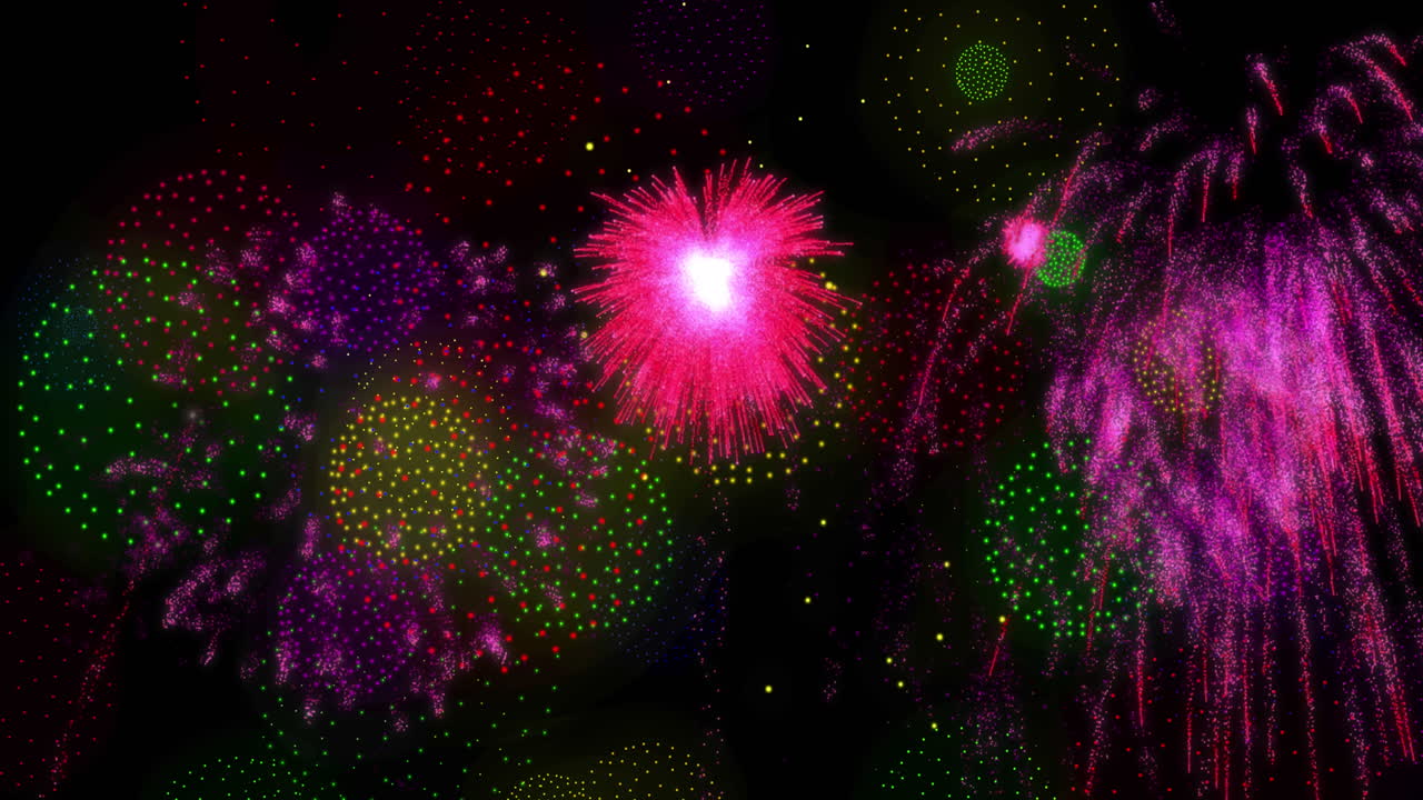 Animazione di forme e fuochi d'artificio su sfondo nero.