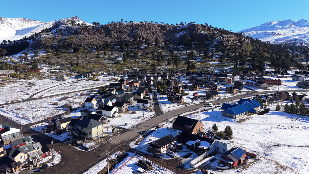 Winter aerial landscape of Caviahue village, highlighting snowy streets, colorful houses, and mountain scenery
