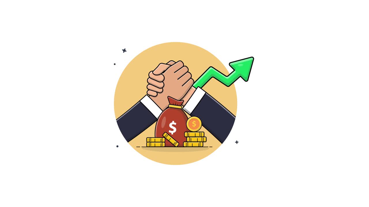 Business Hands Shaking with Money Bag and Growth Arrow