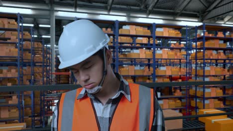 primer plano de un ingeniero asiático con casco de seguridad que tiene dolor de cabeza mientras está de pie en el almacén con estantes llenos de mercancías de entrega