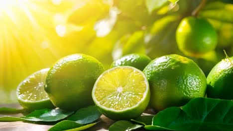 a bunch of limes sitting on top of a wooden table