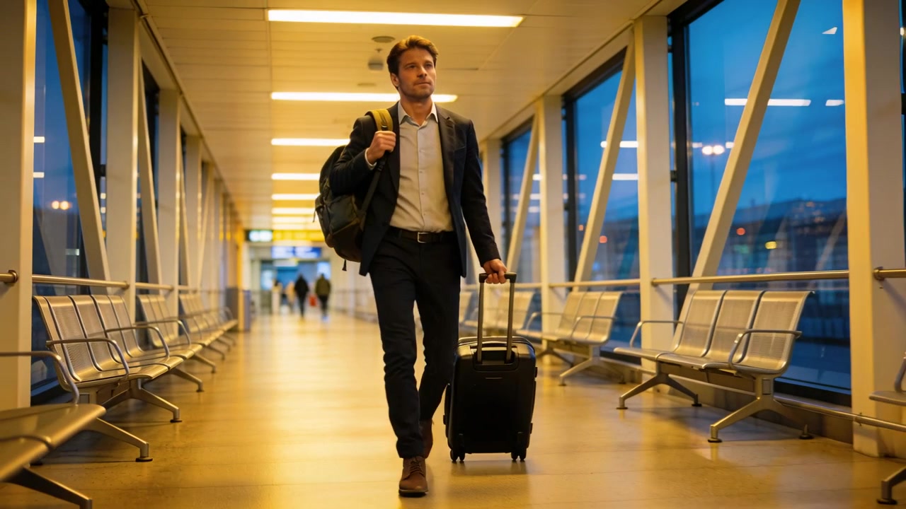 Walking man in blazer pulling wheeled suitcase and carrying duffel down ...