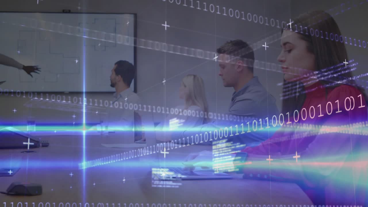 Business lead pointing at screen presenting floorplan while binary overlay sweeping, woman typing