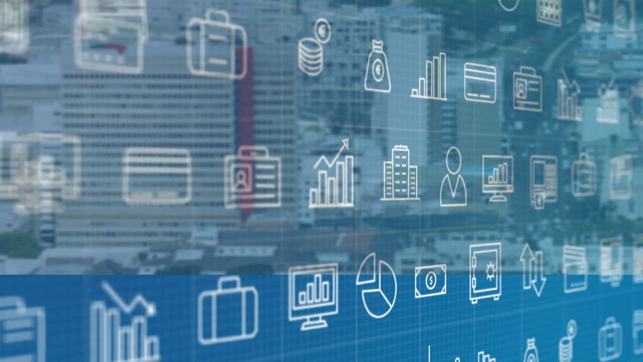 Urban cityscape with business icons and data analytics in animation overlay