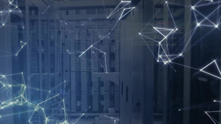 Glowing nodes appearing at left linking and pulsing over server racks visualizing network flow