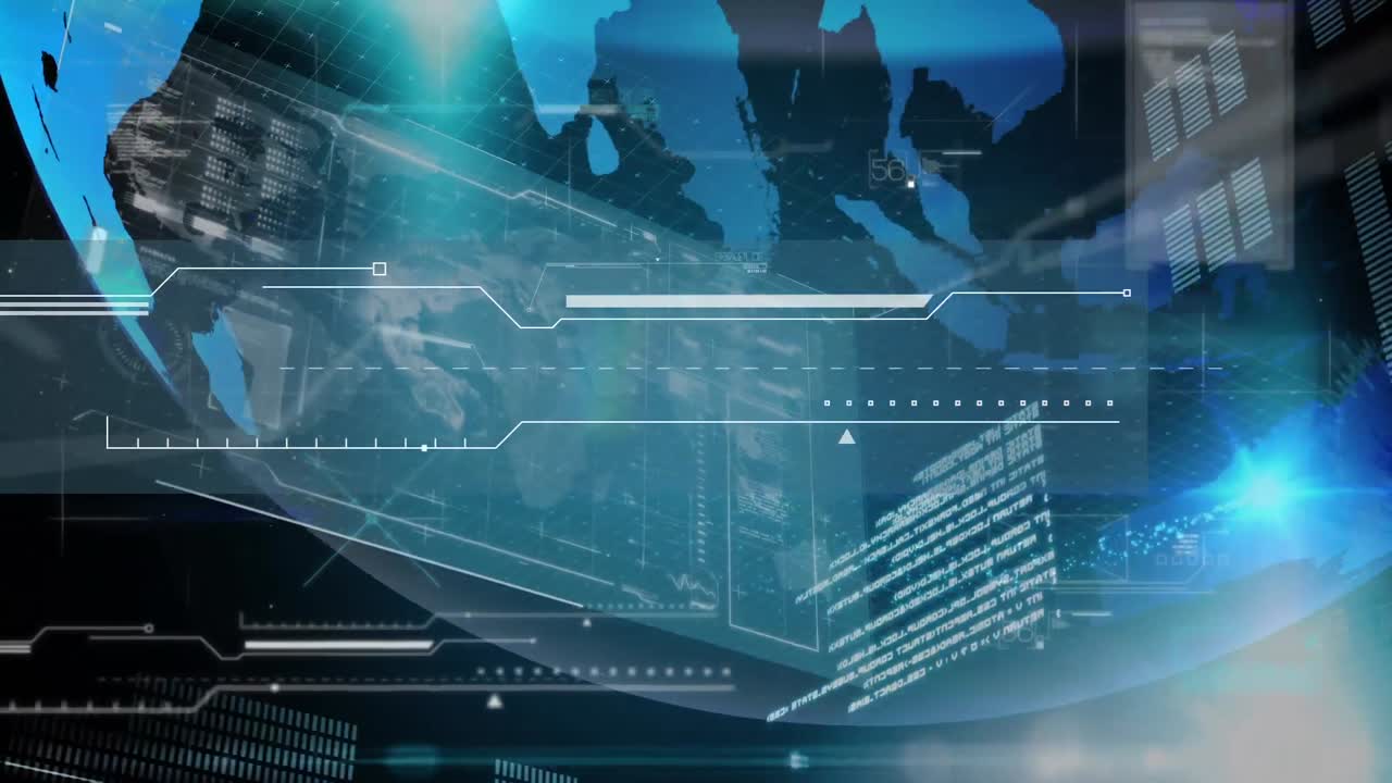 파란색 배경에 회전하는 지구에 대한 데이터 처리와 함께 디지털 인터페이스의 디지털 애니메이션