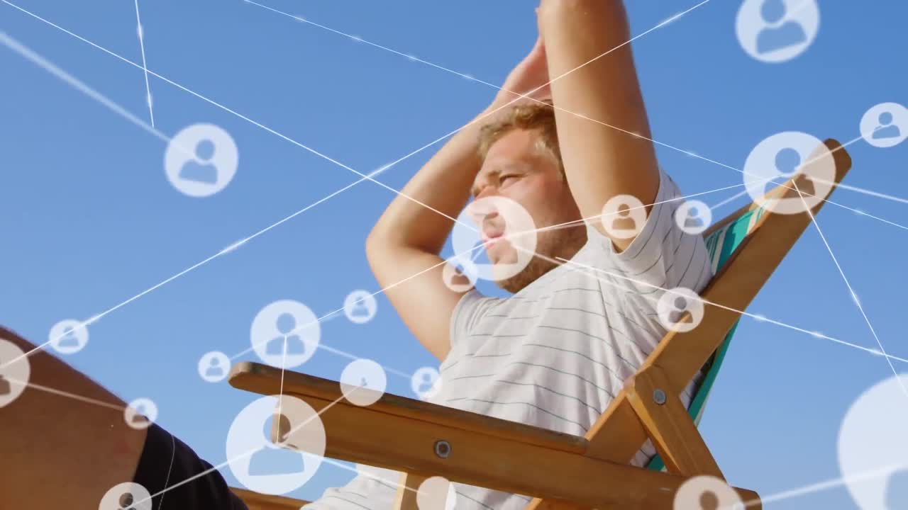 해변에서 행복한 남자에 대한 연결 네트워크의 애니메이션