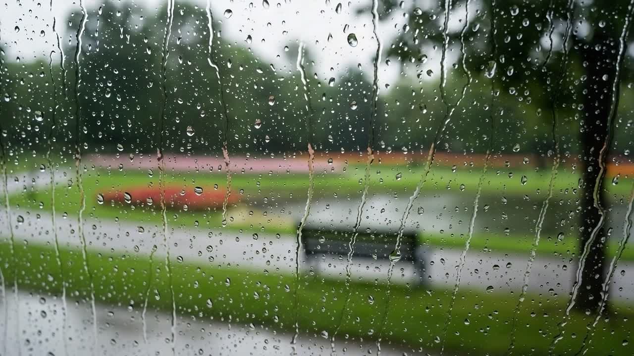 A Serene Rainy Day View Through a Window: Reflective Raindrops on Glass Overlooking a lush Green Park with Benches and Vibrant Blossoms in the Background
