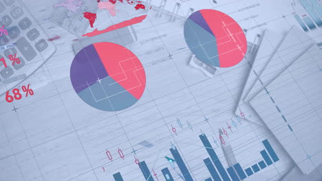 animación del procesamiento de datos financieros sobre el escritorio con artículos de papelería