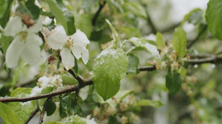 Inquadratura ravvicinata di un melo in fiore, neve che cade e mette in pericolo il raccolto