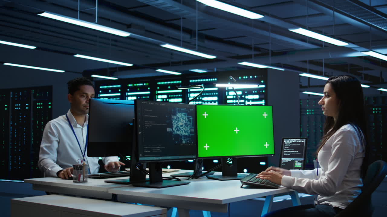 Technician doing checkup on green screen server hub PC, using AI tech