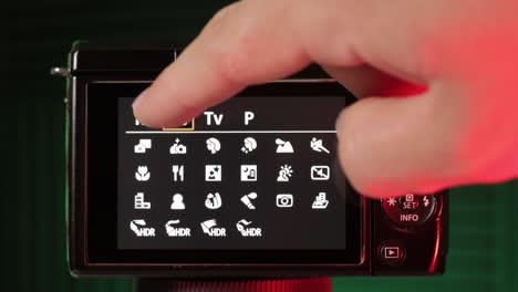 entering the options menu in a professional camera, close up view