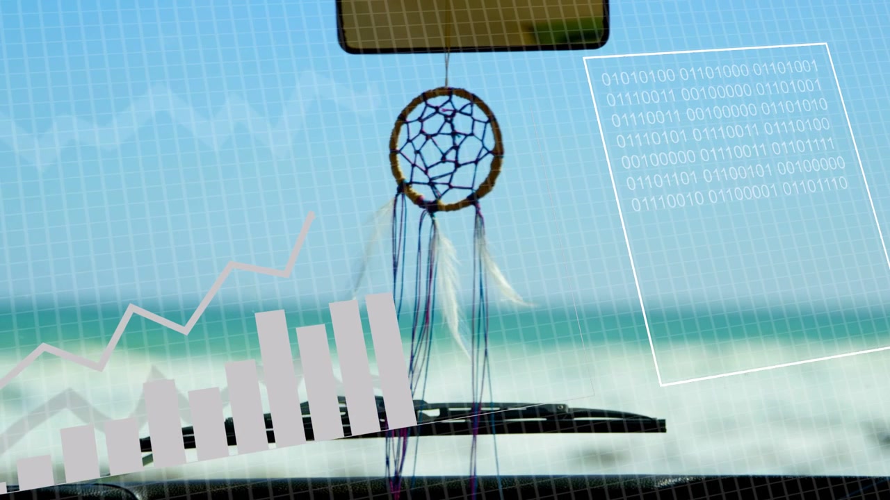 Breeze rising, dreamcatcher swaying, HUD animating charts and bits, rings sliding, visualizing data