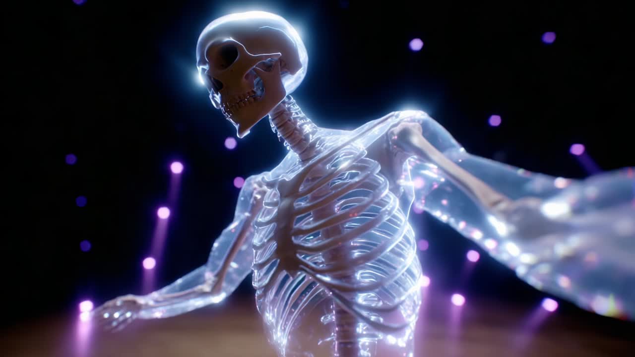 A Stunning Visual Representation of a Skeleton in Motion, Capturing the Intricate Details of Its Transparent Structure and the Vivid Background Lights in a Theatrical Performance Setting