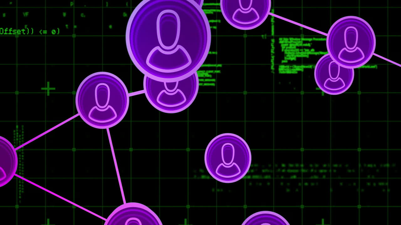 Network of user icons connected by lines over green coding animation