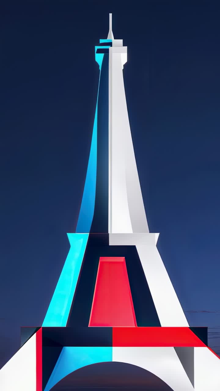 Vertical video: Pulsing stylized Eiffel Tower glowing cyan red lights against blue sky background