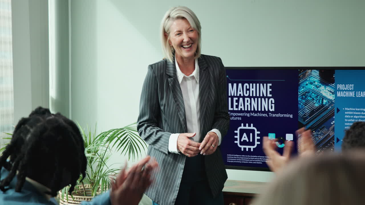 Businesswoman giving a presentation on machine learning and AI