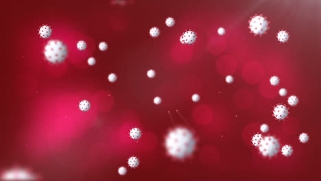 animation of covid 19 cells floating over multiple spots of light on red background