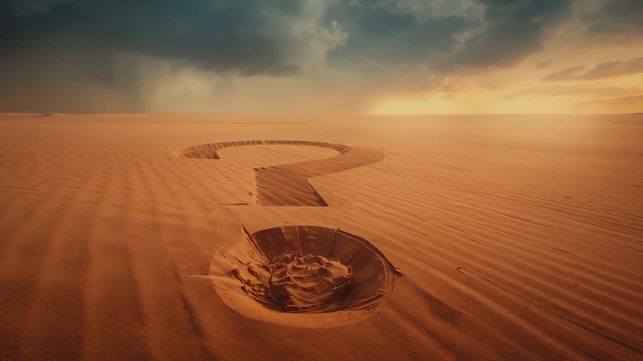 Vista aerea dell'apertura della fotocamera di dune nuvolose al crepuscolo, con inclinazione che evidenzia una trincea a forma di punto interrogativo scolpito