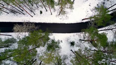 aerial view of a snow-covered forest with a winding road snaking through it