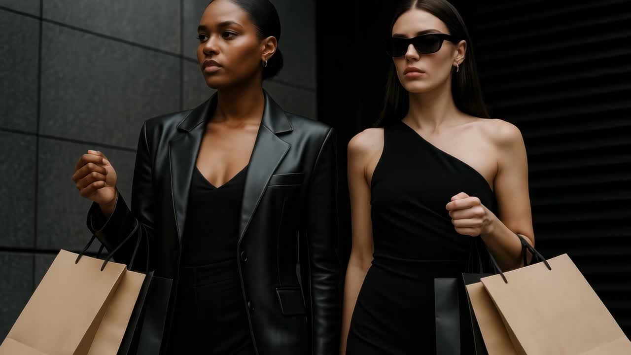 Two stylish women in chic black outfits holding shopping bags, captured from a low angle