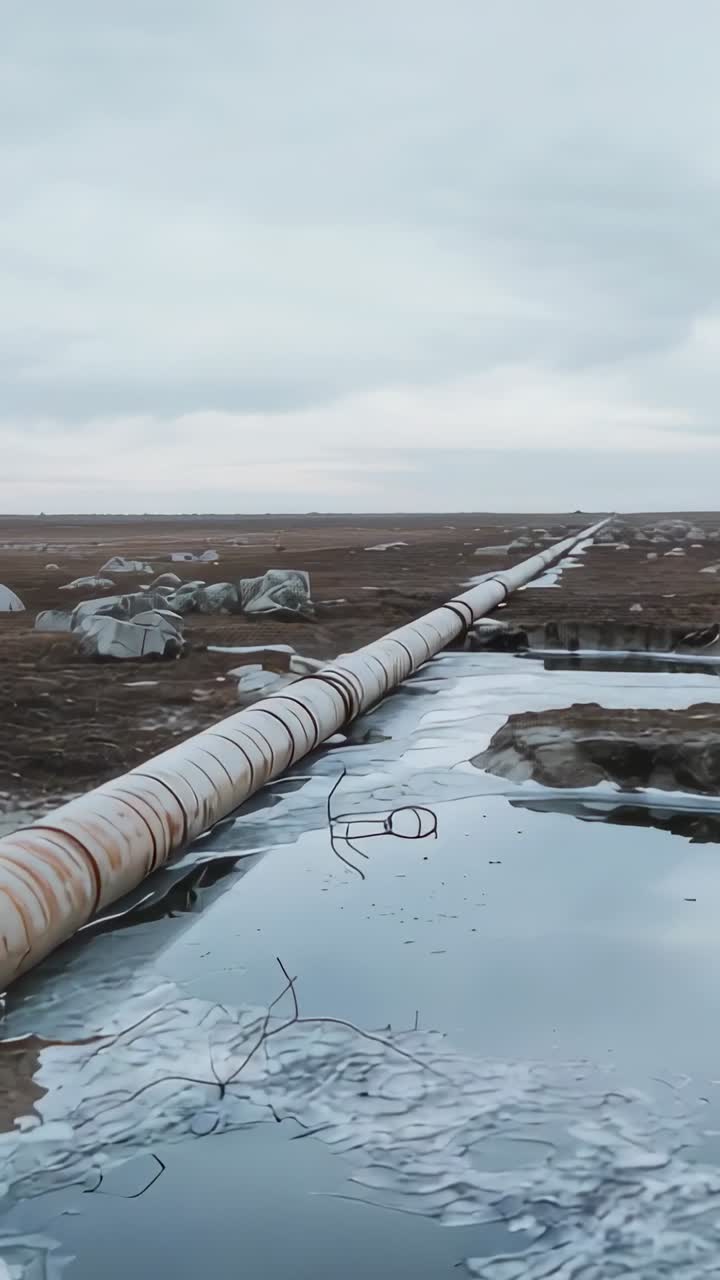 Vertical video: Gliding camera revealing rusted pipe across tundra, with icy channel, bundles