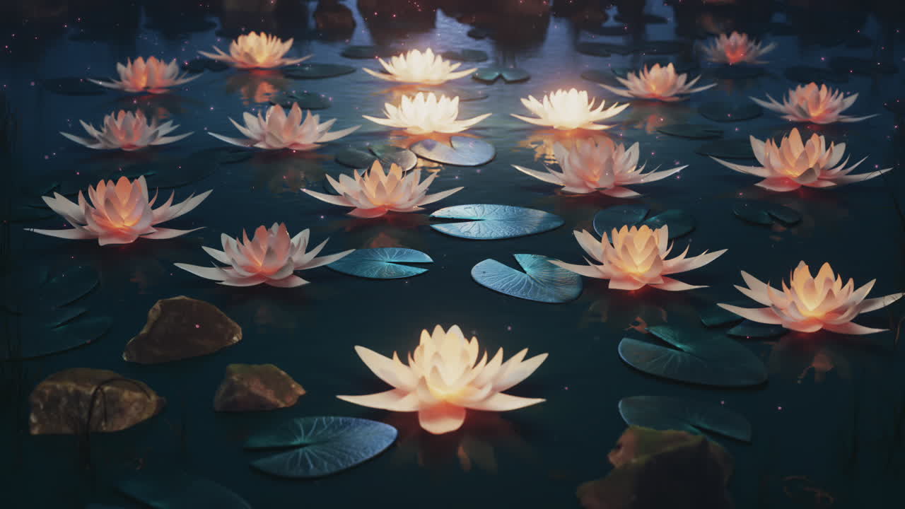 Loop: flores de lótus em uma noite mágica sobre a água.