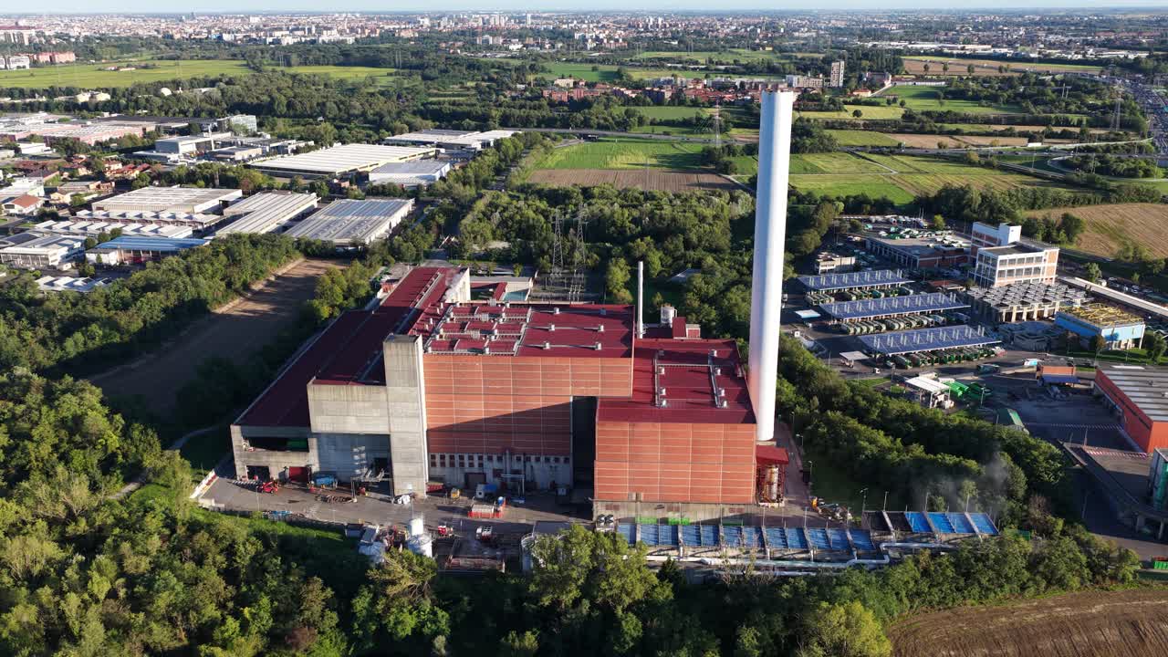 Waste to energy plant, combustion of trash. In the area of Milan, Italy. Aerial drone video