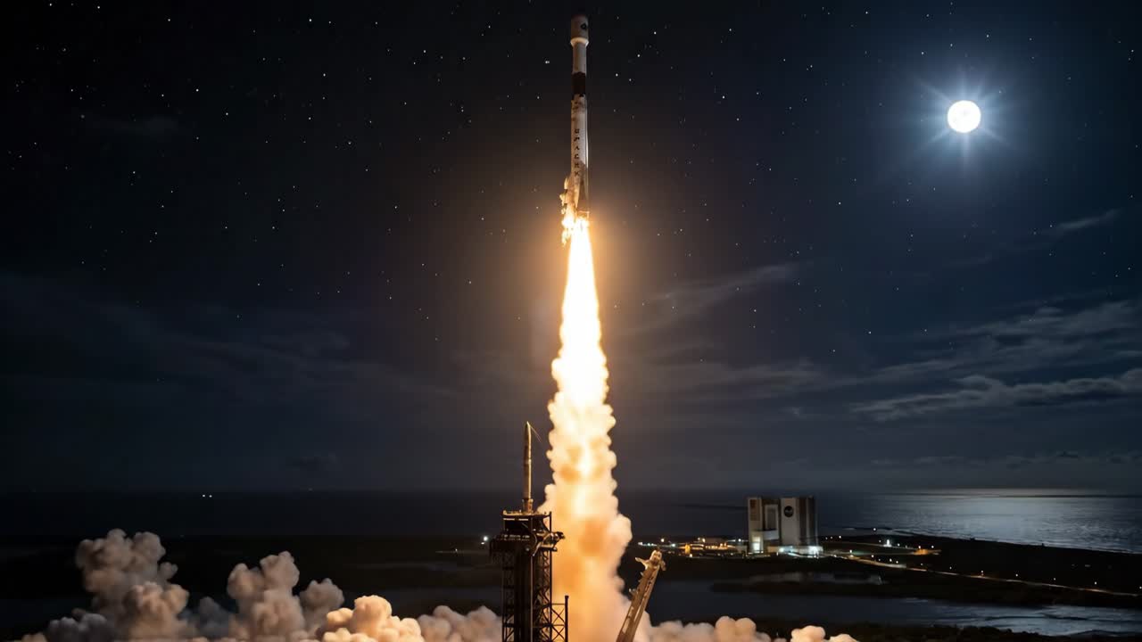 Powerful Rocket Launching into Starry Night Sky with Bright Moon
