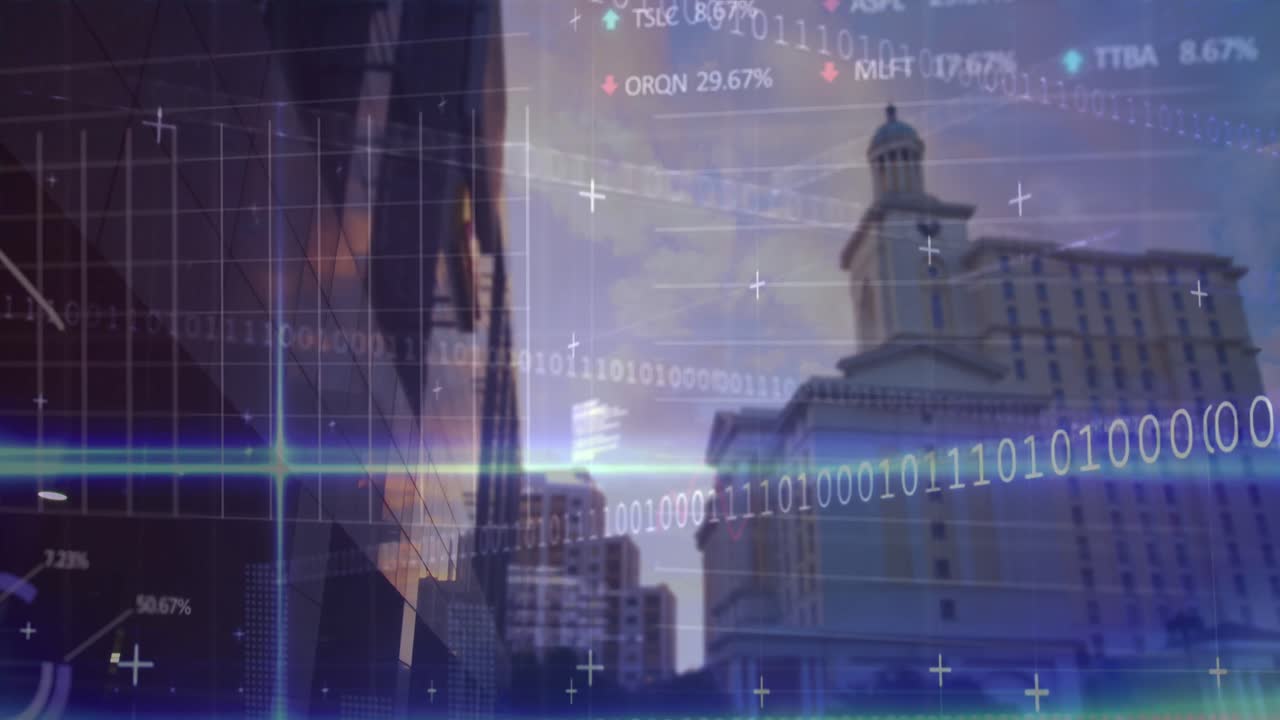 animación del procesamiento de datos financieros sobre el paisaje urbano