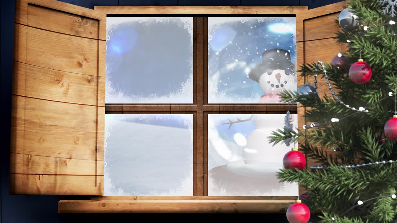 Christmas tree and wooden window frame against snowman in a snow globe against blue spots of light