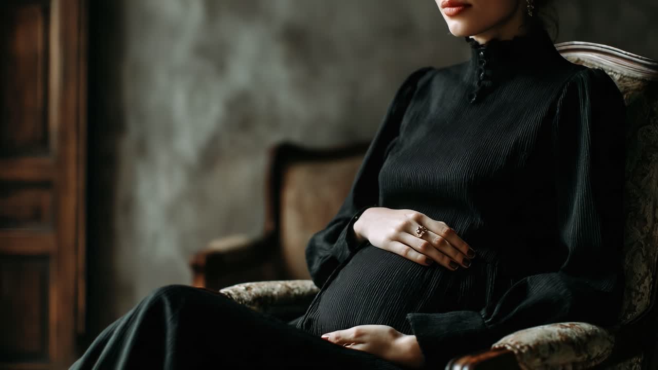 A Serene Moment: Capturing the Essence of Pregnancy with Elegance and Poise in a Timeless Black Dress and Thoughtful Expression
