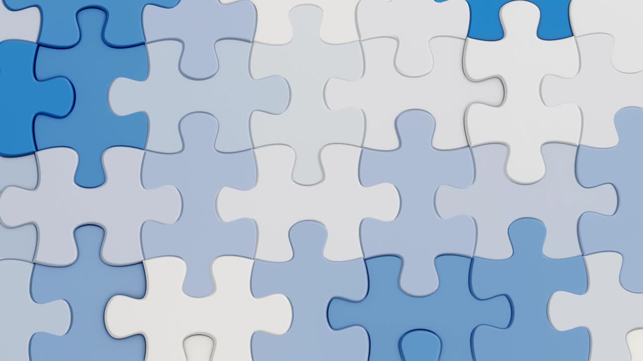 volar sobre piezas de rompecabezas azules y blancas donde falta un elemento.