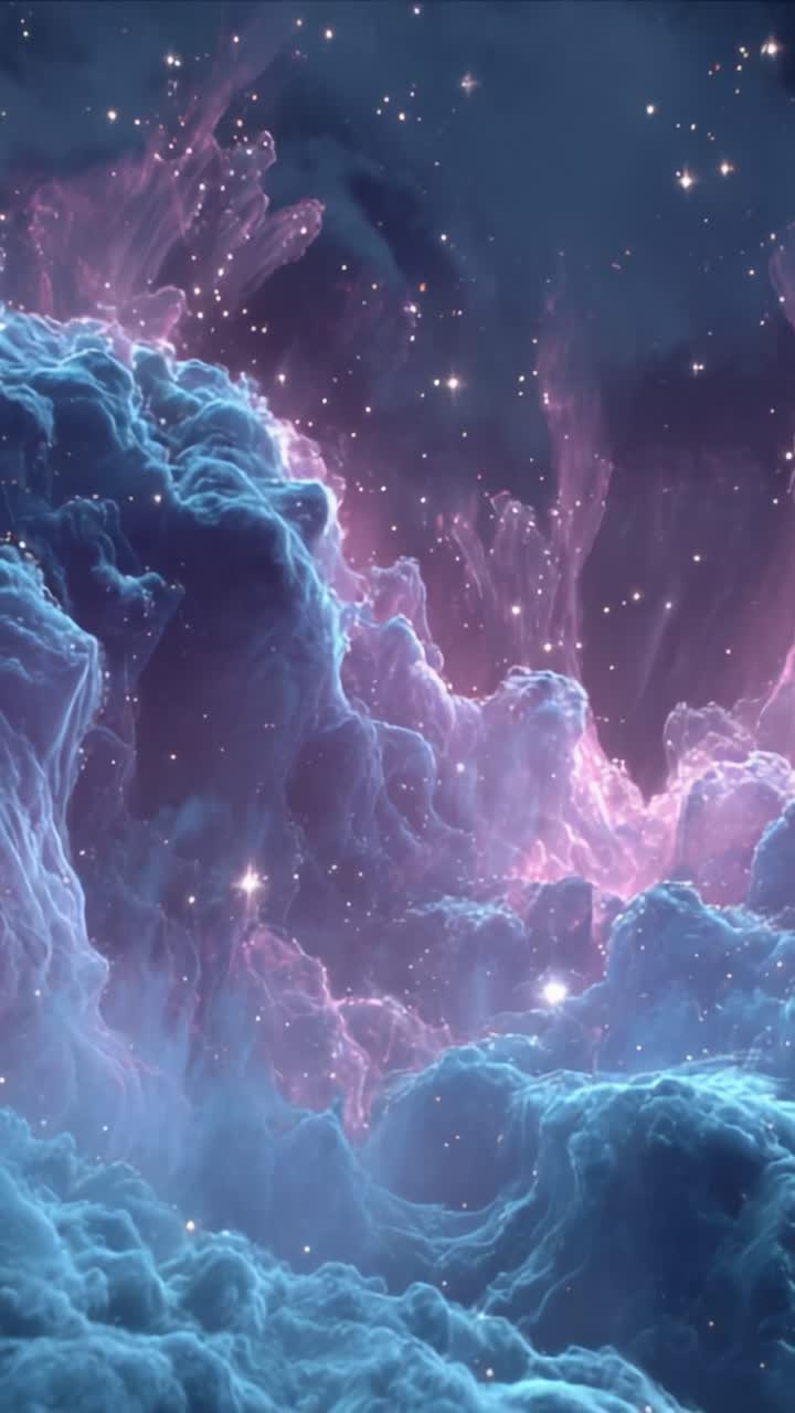 A Stunning Depiction of Cosmic Beauty: Ethereal Clouds of Pink and Blue Nebulae Illuminated by Twinkling Stars in a Vast Universe
