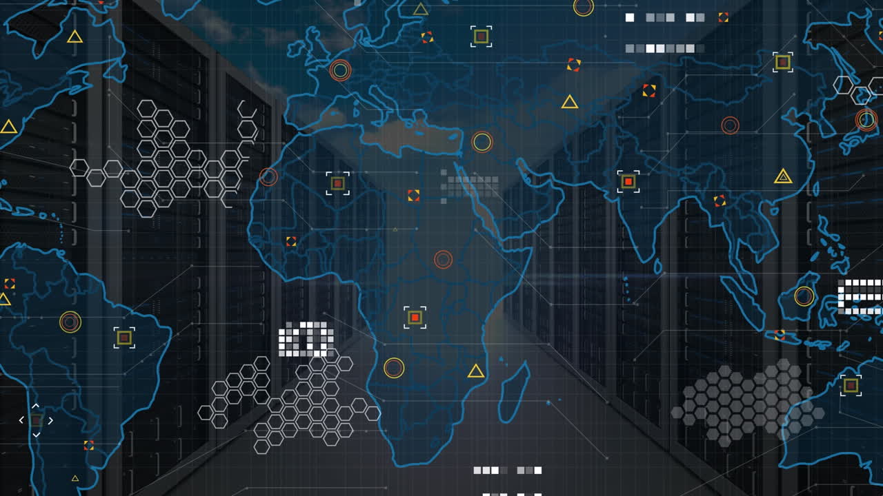 Animation of data processing over world map against computer server room