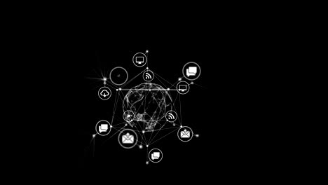 interface icons changing on digital sphere rotating in network connections with lines and dots on black. looped 3d animation. digital technology and media concept.