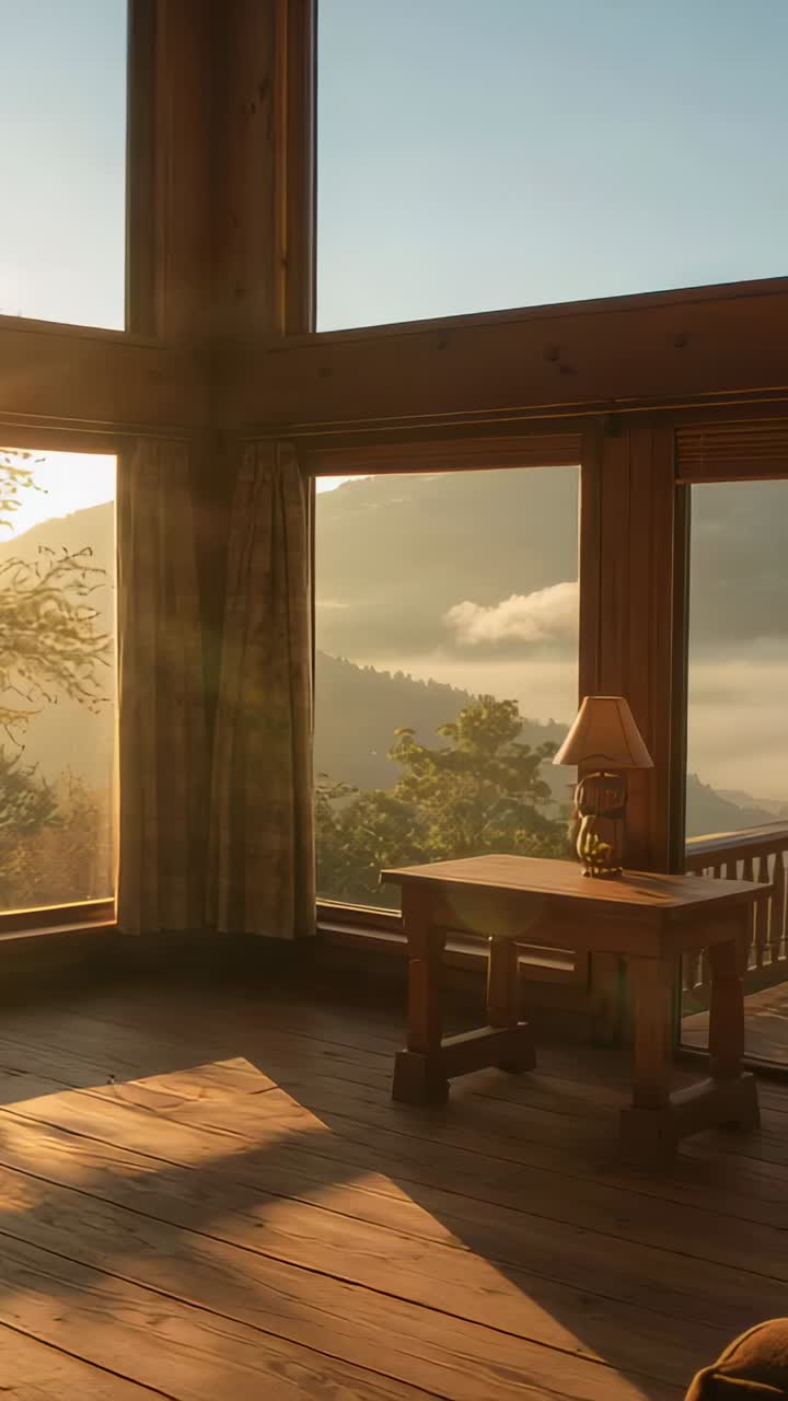 Vertical video: Entering left sunlight sliding across table with lamp in cabin revealing valley fog