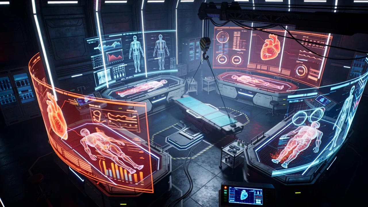 Lowering gantry hook centering stretcher, holographic pods pulsing vitals in lab prepping scan
