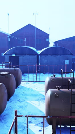 large industrial tanks in a snow covered yard