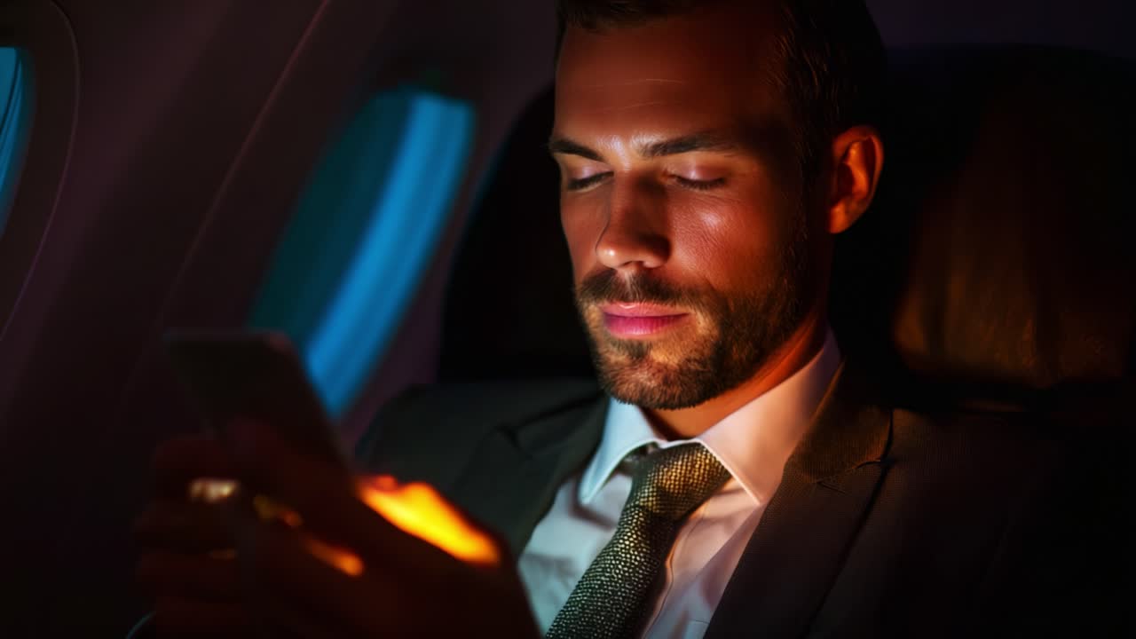 Businessman Deep in Thought While Using a Smartphone During a Flight, Illuminated by the Screen's Glow, Surrounded by the Cozy Ambiance of an Airplane Cabin at Night